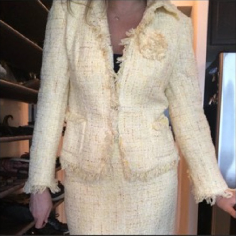 Nordstrom Chanelesque Yellow Tweed Blazer Skirt 12